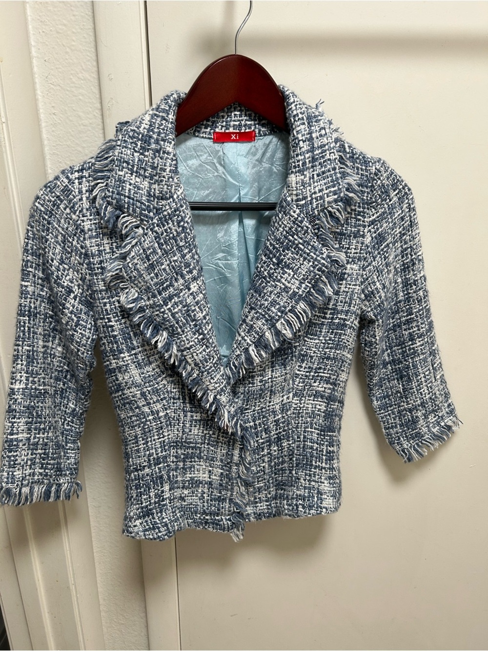 Cropped Blue & White Tweed Fringed Blazer - Xi